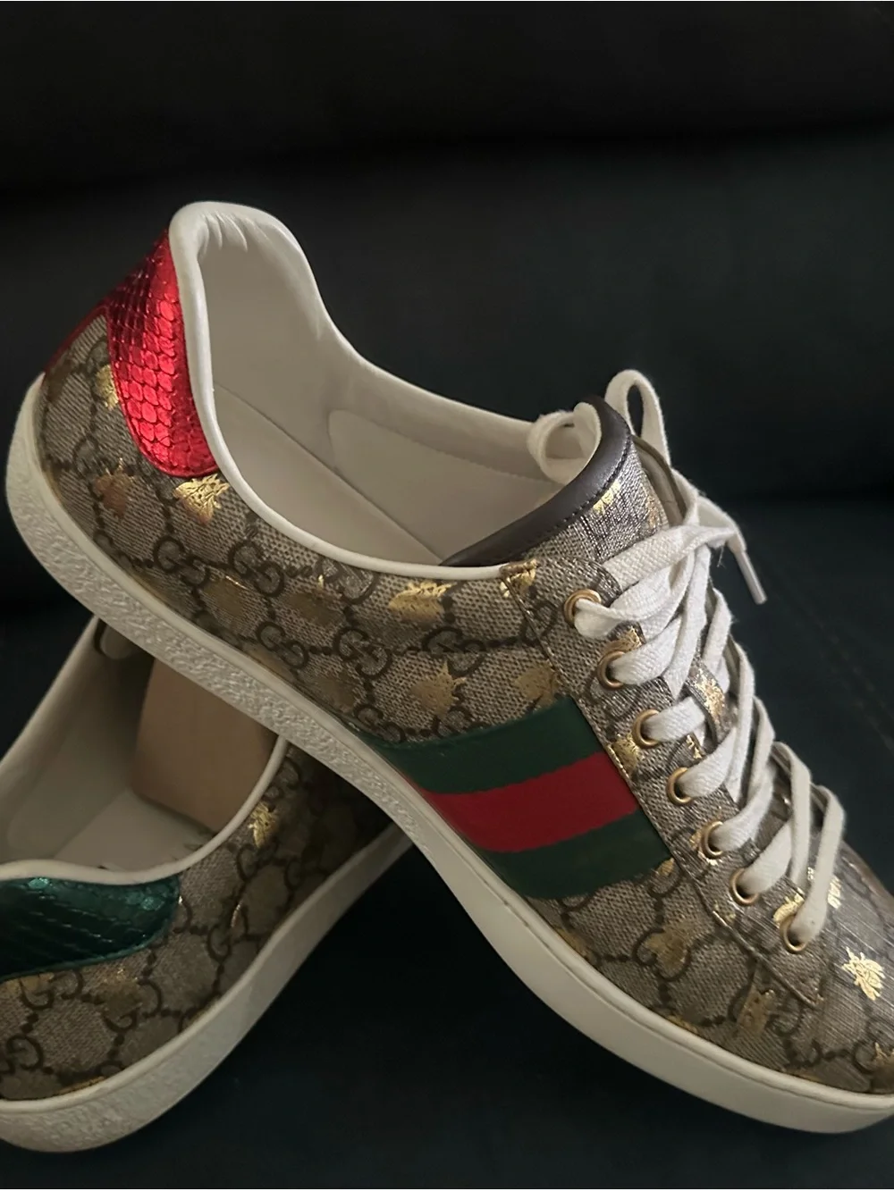 Gucci GG Supreme Bee Canvas Sneaker in Gold, Brown & White with Red/Green Stripe
